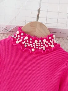 年轻女孩珍珠边饰立领纯色针织毛衣，秋冬款 - 玫紅色 - 查看 3