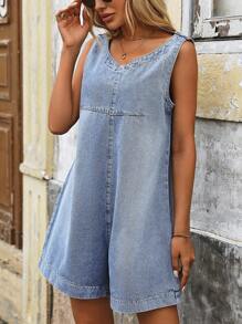 SHEIN LUNE Women's Solid Color V-Neck Sleeveless Denim Jumpsuit, Summer - Blue - View 3