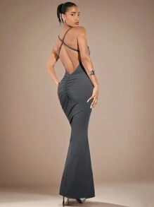 SHEIN BAE Đầm nữ màu trơn đơn giản hàng ngày thắt lưng chéo Quần áo mùa hè Đầm gợi cảm Đầm mùa hè - Màu be - Xem 1