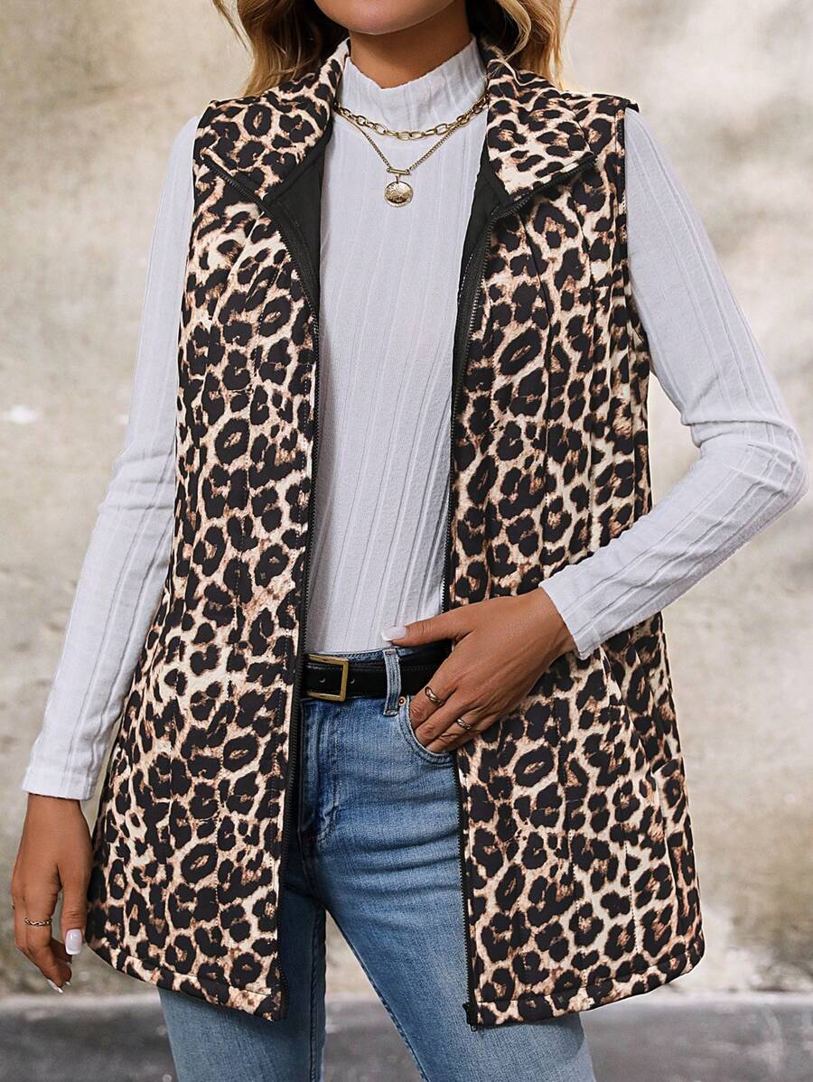 SHEIN Clasi 女士立领无袖保暖豹纹棉服外套，防风舒适，适合秋冬季日常穿着和通勤 - 彩色 - 查看 1