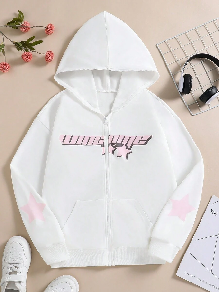 少女简约印花连帽拉链运动衫