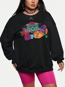 Simona Ahued Artist Day Of The Dead Plus Size Loose Fit Crewneck Sweatshirt, For Holiday, Vacation, Spring, Festival, For Workout, Ibiza Fits, Western Wear