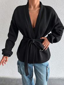 SHEIN Cottnline Solid Drop Shoulder Belted Coat - Black - View 5