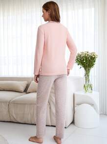 RueChic 100% Cotton 2Pcs  Injection Slogan Printed Detail Shirt And Striped  Long Bottom Lounge Set - Apricot - View 2