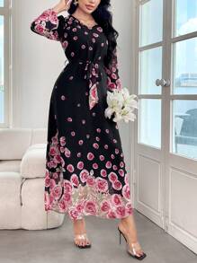 Modelyn 优雅花卉印花灯笼袖连衣裙，春/秋