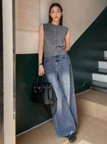 Dazy-Less Damska jednokolorowa kamizelka bez rękawów z dzianiny z guzikami z przodu, codzienna odzież na co dzień, styl Old Money, jesienne ubrania, biznesowe, codzienne ubrania damskie do pracy - Szary - Zobacz 4