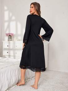 SHEIN Casual Women Solid Color Lace Patchwork Nightgown, Fall, Winter - Black - View 6