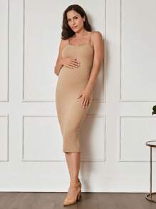 SHEIN 2pcs Maternity Ruffle Collar Cardigan Top & Tie Waist Split Front Dress Set - Brown - View 3