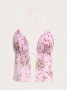 SHEIN ICON Áo ba lỗ hở lưng buộc dây họa tiết hoa lưới - Nhiều màu - Xem 1