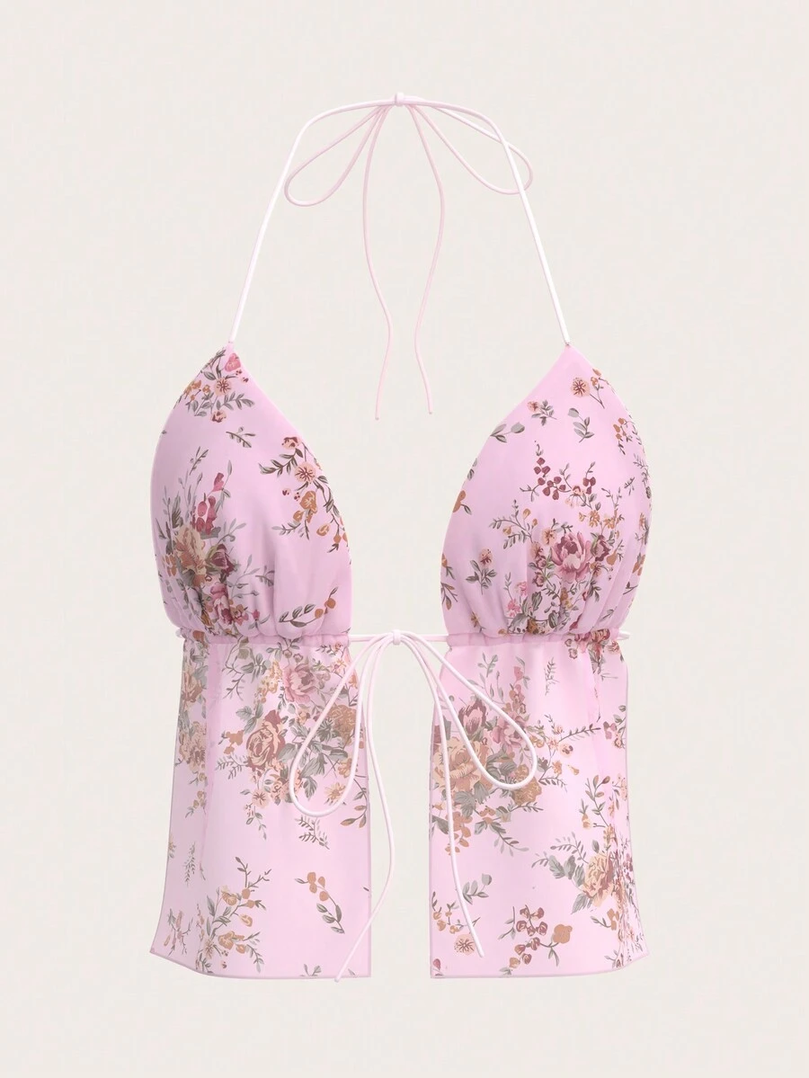 SHEIN ICON Áo ba lỗ hở lưng buộc dây họa tiết hoa lưới - Nhiều màu - Xem 1