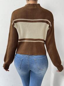 Chiquease Stand Collar Long Sleeve Solid Color Patchwork Minimalist Pullover Sweater, Casual Everyday Wear, Brown Sweater Women, Knit Pullover Fall Winter - Brown - View 2