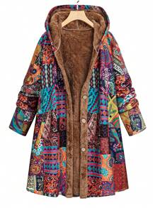 Plus Size Women's Geometric Pattern Thermal Lined Long Hooded Jacket For Fall/Winter Autumn - Multicolor - View 4