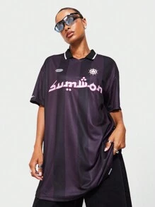 SUMWON WOMEN 足球 T 恤连衣裙街头风格球衣连衣裙超大都市时尚运动休闲 Polo 衫宽松运动风格设计阿拉伯印花 - 黑色 - 查看 1