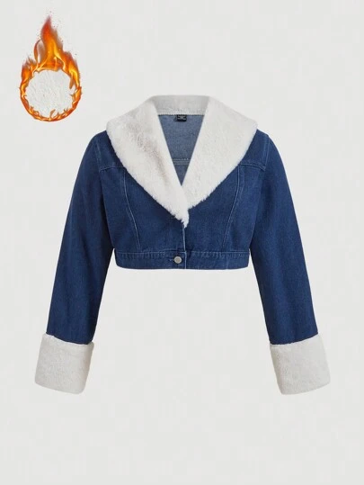 SHEIN MOD 加大码毛绒牛仔夹克，甜美复古拼布磨边下摆短款