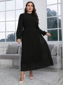Modelyn Đầm Plus Size Nút viền lá sen màu trơn Thanh lịch - màu đen - Xem 4
