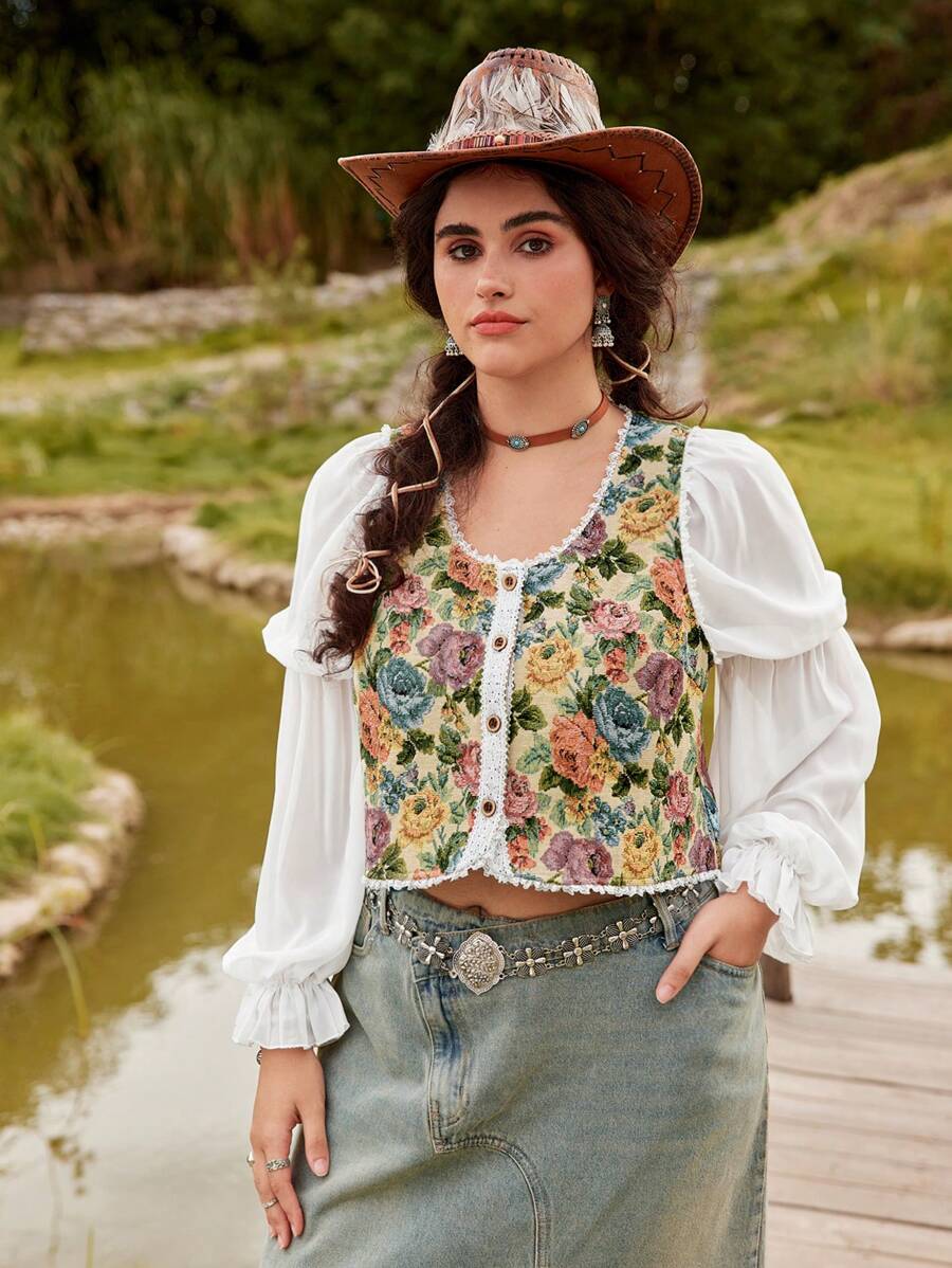 SHEIN MOD Cộng với kích thước cổ thuyền không tay có ren chắp vá Áo khoác vải Jacquard cổ điển, trang phục phụ nữ phương Tây - Nhiều màu - Xem 1