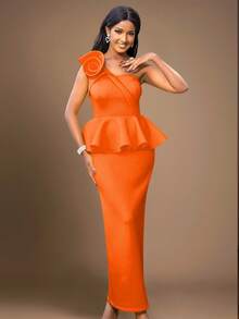 Asymmetrical Neck Floral Ruffled Bodycon Dress - Orange - View 6
