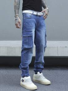 Manfinity EMRG 男式休闲直筒牛仔裤，带工装口袋