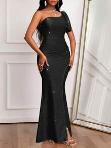 SHEIN Lady Robe de mariée Invitée Robe à manches de feuille de lotus estampée or et à pois pour le transport quotidien, le travail et les fêtes Robe rose grande femmes' nœud Robe de soirée élégante Robe de douche nuptiale Longue robe - Noir - Voir 5