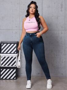 SHEIN EZwear Quần Jeans Skinny Túi Thời Trang Thường Ngày Cỡ Lớn Cho Nữ - Rửa tối - Xem 4