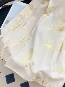 SHEIN Unity Plus Size Elegant Gold Foil Printed Pleated Skirt, Spring/Summer - Apricot - View 7