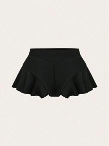 SHEIN LUNE Quần short gợi cảm viền bèo nhún màu trơn cỡ lớn, mùa hè - màu đen - Xem 1
