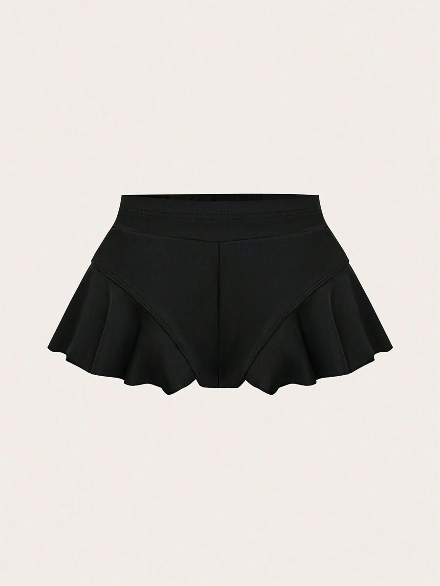 SHEIN LUNE Quần short gợi cảm viền bèo nhún màu trơn cỡ lớn, mùa hè - màu đen - Xem 1