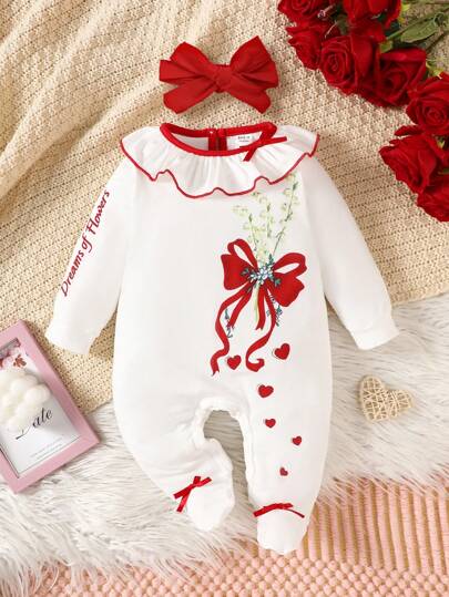 2 件装女婴秋冬新款可爱甜美撞色荷叶边领结铃兰心形印花长袖连体衣和发带套装，甜美红色