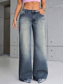 SHEIN ICON 女士水洗时尚阔腿牛仔裤 - 深色水洗藍 - 查看 3