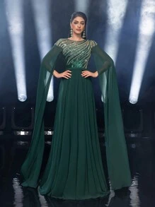 SHEIN Belle 优雅华丽的奢华深绿色手工串珠亮片设计紧身胸衣鱼骨飘逸长袖和超宽下摆适合婚礼派对毕业典礼舞会晚礼服（重型工作风格），正式礼服，适合婚礼嘉宾，晚宴，圣诞节 - 墨綠色 - 查看 6