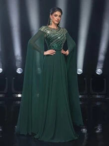 SHEIN Belle 优雅华丽的奢华深绿色手工串珠亮片设计紧身胸衣鱼骨飘逸长袖和超宽下摆适合婚礼派对毕业典礼舞会晚礼服（重型工作风格），正式礼服，适合婚礼嘉宾，晚宴，圣诞节 - 墨綠色 - 查看 8