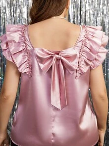 SHEIN Clasi 大码女式纯色蝴蝶结装饰后袖优雅衬衫，夏季 - 粉色 - 查看 3