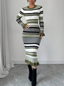 Selianne Váy len dệt kim dài tay cổ tròn màu tương phản dành cho nữ - màu xanh lá - Xem 4