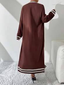 SHEIN Essnce كارديجان بياقة مستديرة نسائي منقوش مخطط طويل الأكمام كارديجان بتصميم واسع للموسم البارد - متعدد الألوان - مشاهدة 3