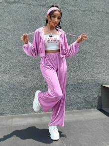 SHEIN Essnce 2 件拉链连帽夹克和阔腿裤套装，母女搭配 - 粉色 - 查看 7