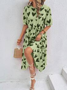 Breezaya Heart Print Loose Crew Neck Short Sleeve Casual Dress