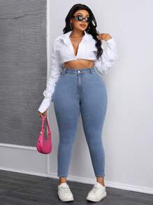 SHEIN SXY Plus Size Women's Solid Color Casual Simple Denim Jeans - Medium Wash - View 4