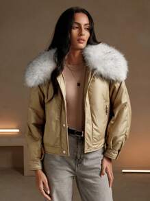 Anewsta Women's Winter Short Stand Collar Detachable Faux Fox Fur Casual Gold-Colored Padded Coat
