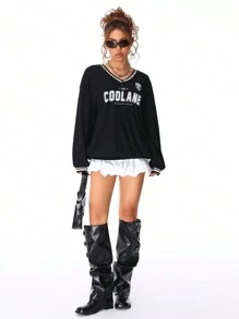 SHEIN EZwear Women's Streetwear Graphics Jersey Black Sweatshirt - Black - View 6