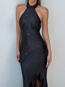 Aloruh Sexy zwarte fluwelen strass asymmetrische zoom rugloze halter maxi-jurk