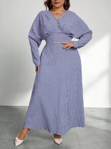 SHEIN Privé Đầm công sở thanh lịch cỡ lớn sang trọng tinh tế cao cấp tiệc trà chiều buổi hòa nhạc hơi gợi cảm cổ chữ v eo xếp ly thon gọn tay dài dáng chữ a bó eo cao co giãn thoải mái dài kẻ sọc xanh trắng phong cách trường học cổ điển - Xanh và trắng - Xem 2