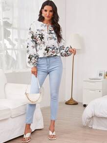 SHEIN Clasi Top botánico de manga farol de cuello con cordón - Blanco - Ver 3
