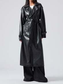 LYSMO Women's Solid Color Minimalist Everyday PU Long Trench Coat - Black - View 3