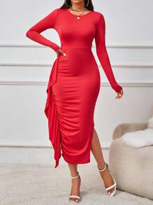 VaVaBold Vestido ceñido elegante de un solo color con dobladillo fruncido y volantes, primavera y otoño