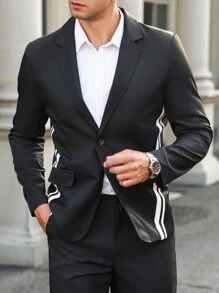 Manfinity Mode Blazer de manga larga con contraste de color a rayas blancas y negras para hombres - Negro - Ver 3