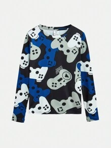 SHEIN Leap Crew Tween Boys Casual Comfortable Round Neck Long Sleeve Pants Printed Snug Fit Loungewear - Blue - View 7