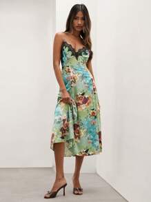 COSMINA Women's Floral Print Contrast Lace Elegant Cami Party Gala Cocktail Dress