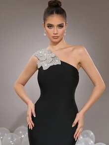 Modphy Nuevo estilo de vestido formal largo de sirena, ajustado, sin espalda, con decoración de flor de strass, para mujer - Negro - Ver 7