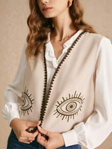 Poéselle Women's Contrast Edge Eyes Pattern Casual Sleeveless Top - Khaki - View 4