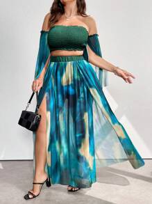 SHEIN Clasi 2pcs Plus Size Women's Chiffon Blouse And Skirt Set - Multicolor - View 3